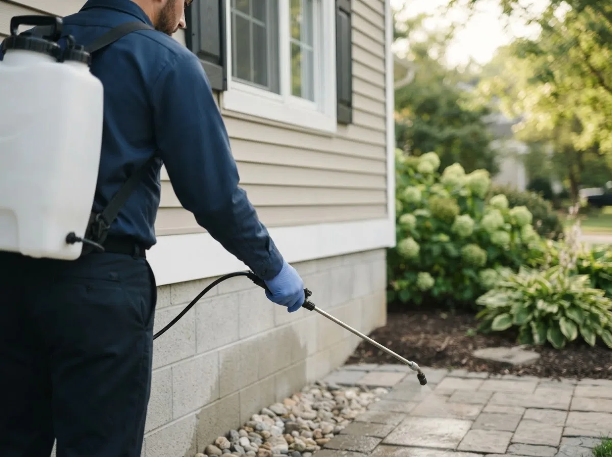 Pest control technician inspecting a home in Wallace, MI